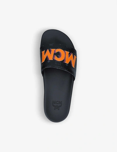 Shop Mcm Monogram Leather Sliders In Black
