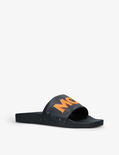 Shop Mcm Monogram Leather Sliders In Black