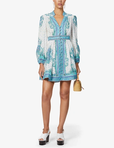 Shop Zimmermann Bells Paisley-print Linen Mini Dress In Blue+paisley