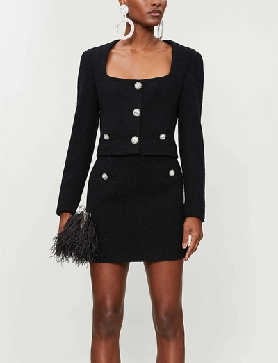 Shop Alessandra Rich Embellished High-waist Wool-blend Tweed Mini Skirt In Black
