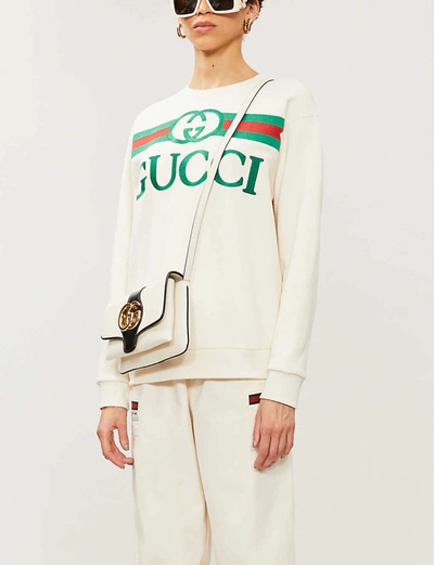 Shop Gucci Logo-embroidered Cotton-jersey Sweatshirt In Natural+multicolor