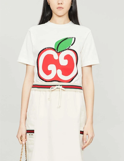 Shop Gucci Gg Apple-print Embellished Cotton-jersey T-shirt In Pink+lady+mc