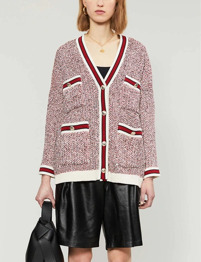 Shop Maje Metallic Knit Relaxed-fit Cardigan In Red+white
