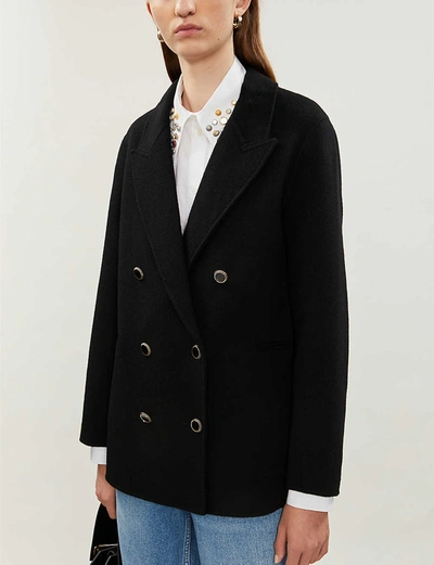 Shop Sandro Double-breasted Wool-blend Coat In Black