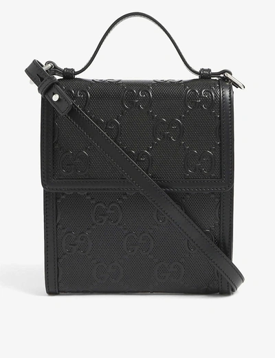 Shop Gucci Gg Branded Leather Messenger Bag In Black