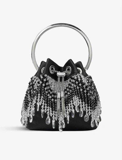 Shop Jimmy Choo Bon Bon Fringe-embellished Satin And Crystal Top Handle Bag In Black/crystal