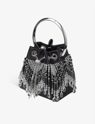 Shop Jimmy Choo Bon Bon Fringe-embellished Satin And Crystal Top Handle Bag In Black/crystal