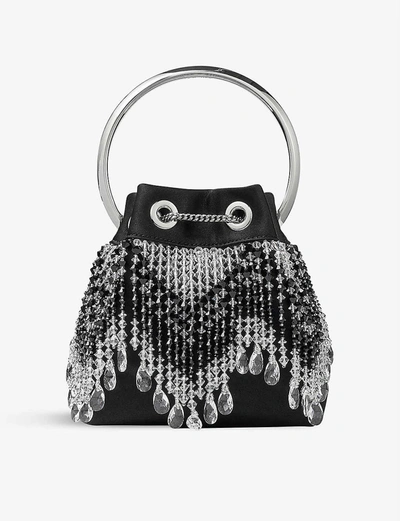 Shop Jimmy Choo Bon Bon Fringe-embellished Satin And Crystal Top Handle Bag In Black/crystal