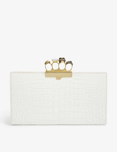 Shop Alexander Mcqueen Four-ring Croc-embossed Leather Clutch In Ivory