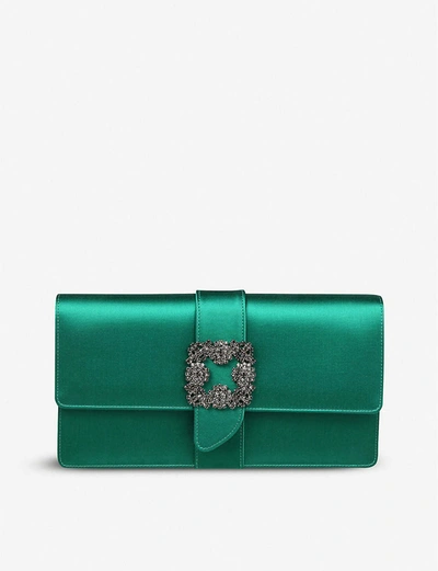 Shop Manolo Blahnik Womens Green Capri Crystal-embellished Satin Clutch