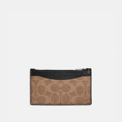 Coach Zip Card Case In Signature Canvas In Beige/brown