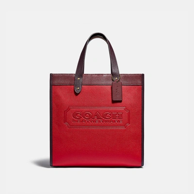 Shop Coach Field Tote In Colorblock With  Badge In Brass/electric Red Multi