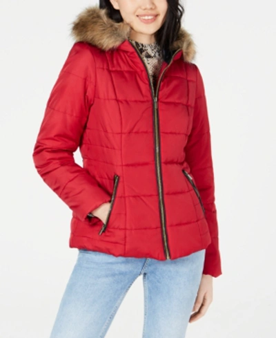 Shop Celebrity Pink Juniors' Puffer Coat With Faux Fur Trim Hood In Red