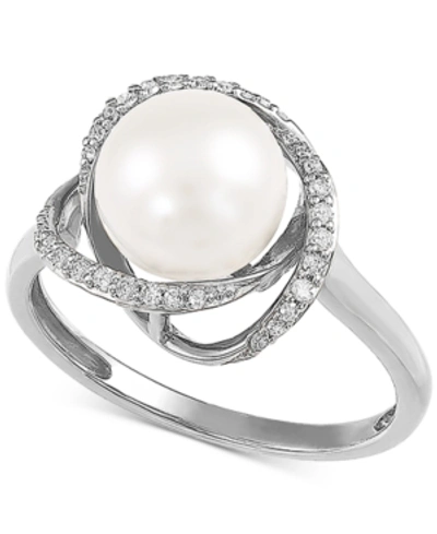 Shop Honora Cultured Freshwater Pearl (8mm) & Diamond (1/8 Ct. T.w.) Ring In 14k Gold In White Gold
