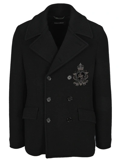 Shop Dolce & Gabbana Double-breasted Pea Coat With Dg French Wire Patch In Black