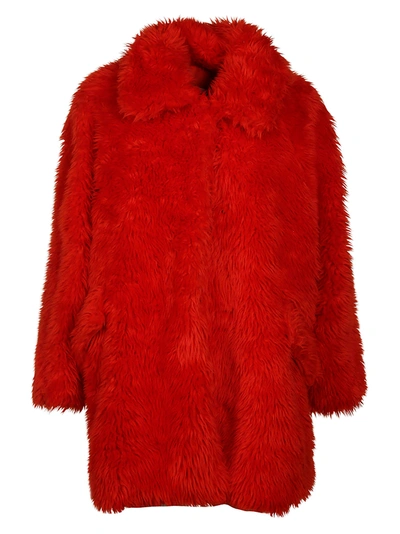 Shop Msgm Oversized Fur Coat In Red