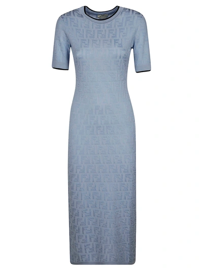 Shop Fendi Slim Logo Patterned Dress In Azure