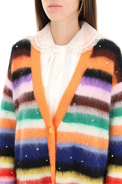 Shop Miu Miu Mohair F 3 Stripe Crystal Cardigan In Orange/green/purple