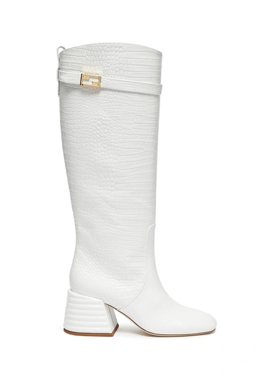 Shop Fendi Patent Croc Embossed Leather Tall Boots In White