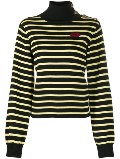 Shop Red Valentino Button-detailed Striped Roll Neck Jumper In Black