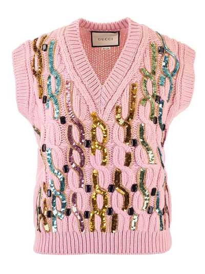 Shop Gucci Sequins Cable Vest In Pink
