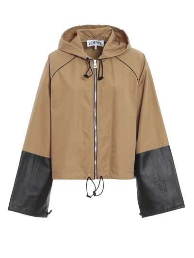 Shop Loewe Hooded Jacket With Calfskin Cuffs In Beige