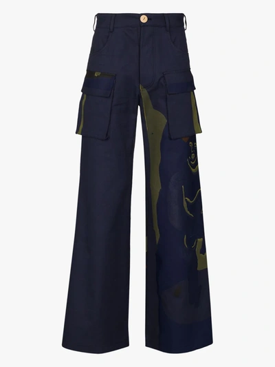 Shop Bethany Williams Blue Patchwork Upcycled Wide Leg Trousers