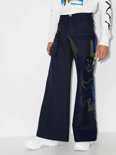 Shop Bethany Williams Blue Patchwork Upcycled Wide Leg Trousers