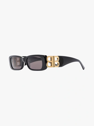 Shop Balenciaga Black Logo Rectangular Sunglasses