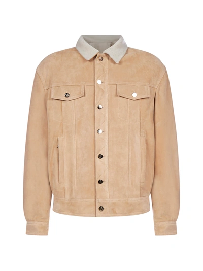 Shop Balmain Logo Suede And Shearling Jacket In Beige Foncè