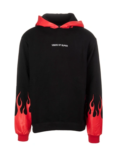 Shop Vision Of Super Red Flames 2.0 Black Man Hoodie In Black/red