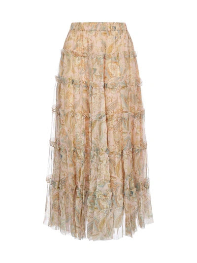 Shop Zimmermann Lucky Silk Tiered Midi Skirt In Pink Jacobean