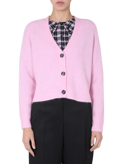 Shop Ganni V-neck Cardigan In Pink