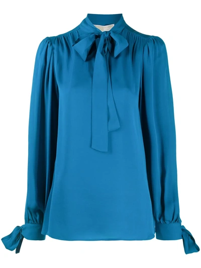 Shop Michael Kors Silk Pussybow Blouse In Blue