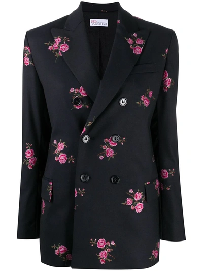 Shop Red Valentino Floral-embroidered Blazer In Black