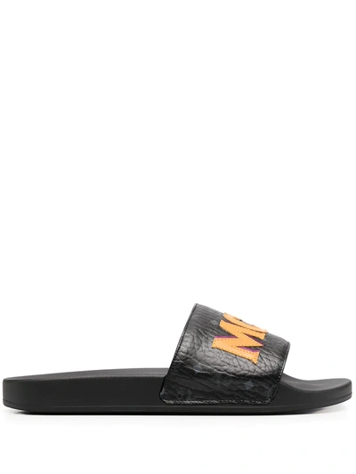 Shop Mcm Logo Leather Pool Slides In Black