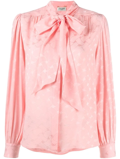 Shop Saint Laurent Pussy-bow Ruched Blouse In Pink