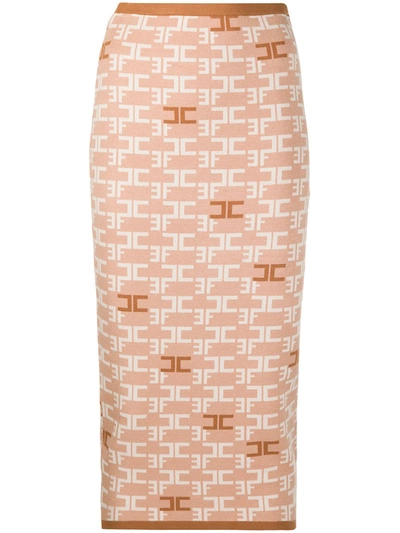 Shop Elisabetta Franchi Logo-print Pencil Skirt In Brown