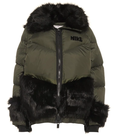 Shop Nike X Sacai Faux Fur-trimmed Down Jacket In Green