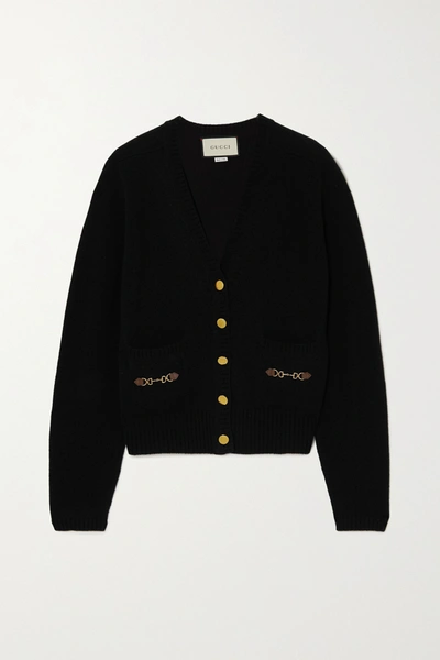 Shop Gucci Horsebit-detailed Leather-trimmed Cashmere Cardigan In Black
