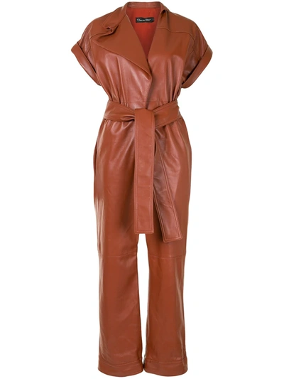 Shop Oscar De La Renta Leather Belted Short-sleeve Jumpsuit In Orange