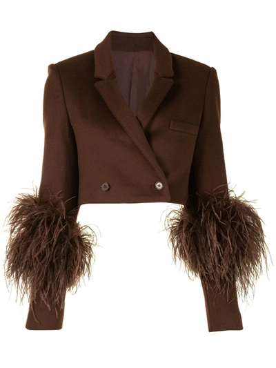 Shop Lapointe Cropped Wool Feather Trim Blazer In Brown