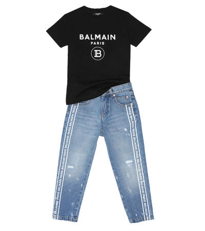 Shop Balmain Logo Jeans In Blue
