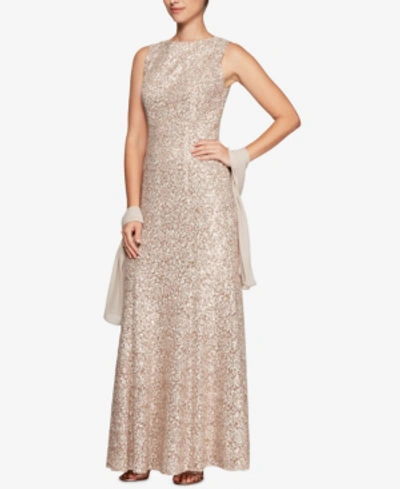 Shop Alex Evenings Sequined Lace Gown & Shawl In Champagne