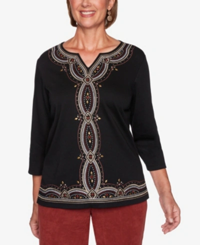 Shop Alfred Dunner Women's Missy Catwalk Embroidered Center Knit Top In Black