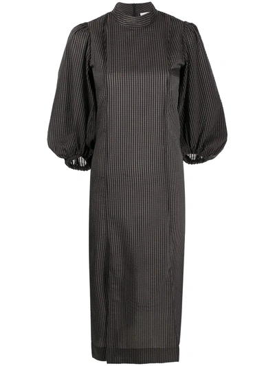 Shop Ganni Gingham-check Puff-sleeve Seersucker Dress In Black