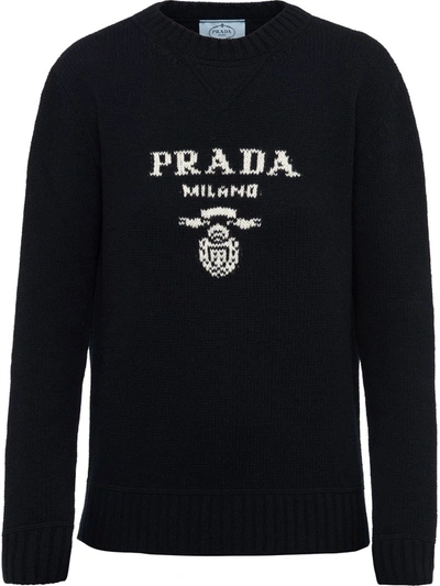 Prada Cashmere And Wool Logo Crew-neck Sweater In Blue