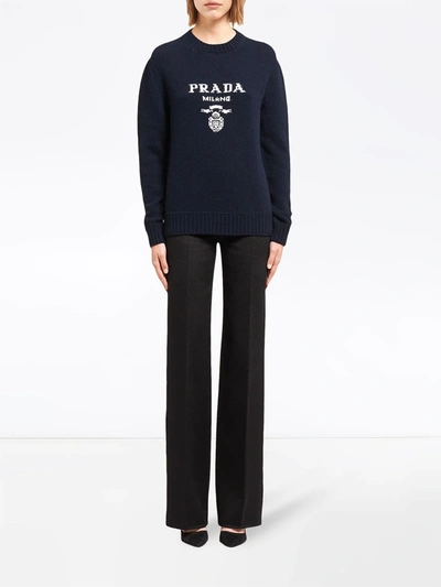 Prada Cashmere And Wool Logo Crew-neck Sweater In Blue