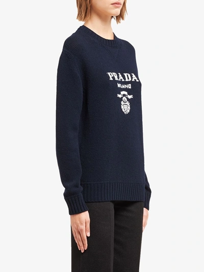 Prada Cashmere And Wool Logo Crew-neck Sweater In Blue