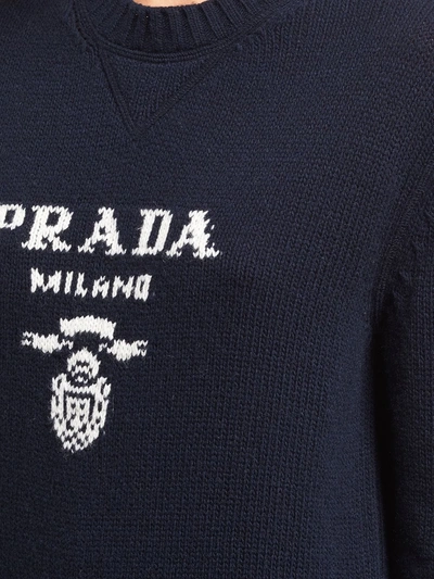 Prada Cashmere And Wool Logo Crew-neck Sweater In Blue